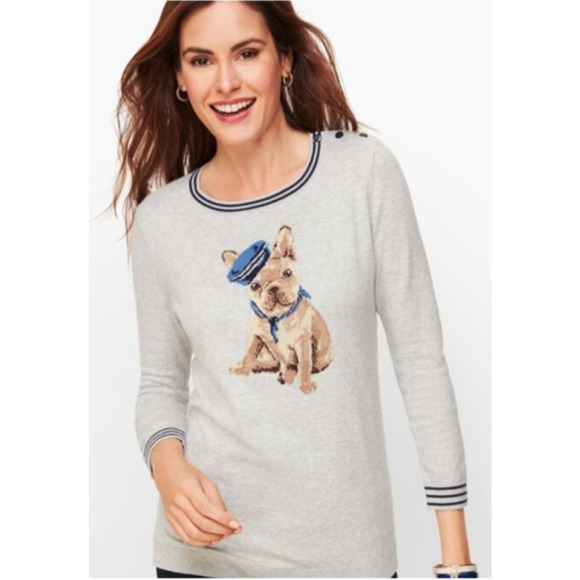 Talbots Petite Gray French Bulldog Graphic Sweater Classic Preppy Parisian Chic - Picture 4 of 9